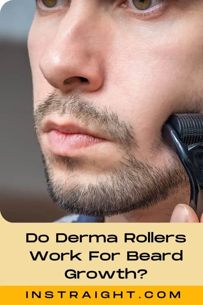 A man showing how to use derma roller for beard