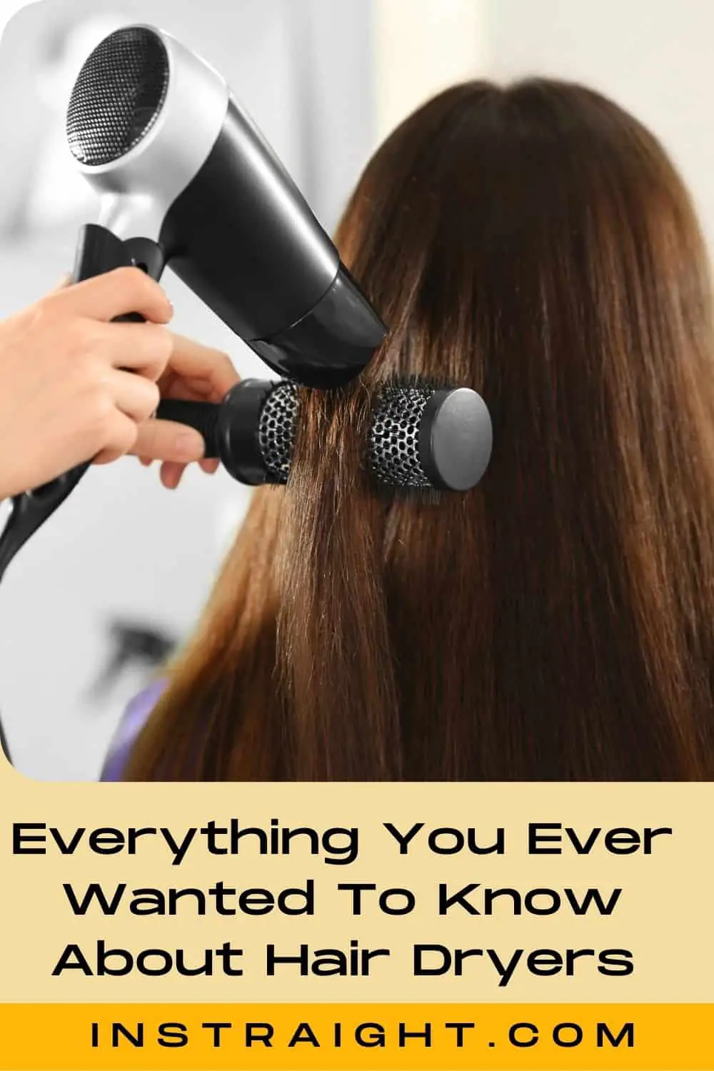 stylist using a hair dryer on a brunette woman's straight hair