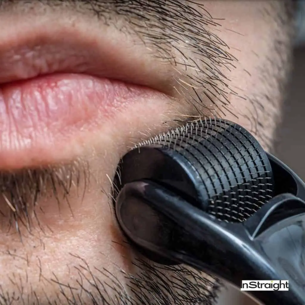 close-up shot of beard roller on the face