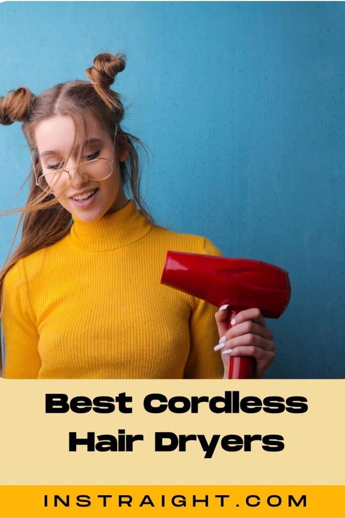lady with a mustard shirt with a red blow dryer under title Best Cordless Hair Dryers Of 2022