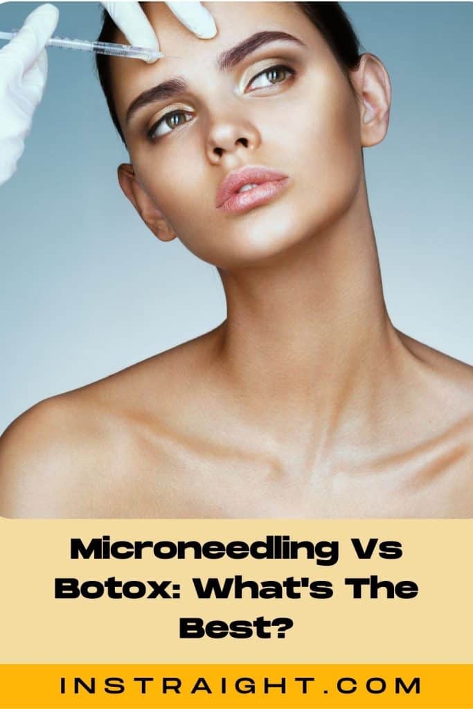 A beautiful model getting botox on the forehead under the title microneedling vs botox