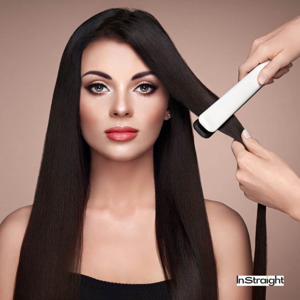 Lady getting flat ironed under title Why is Keratin Treatment Expensive?