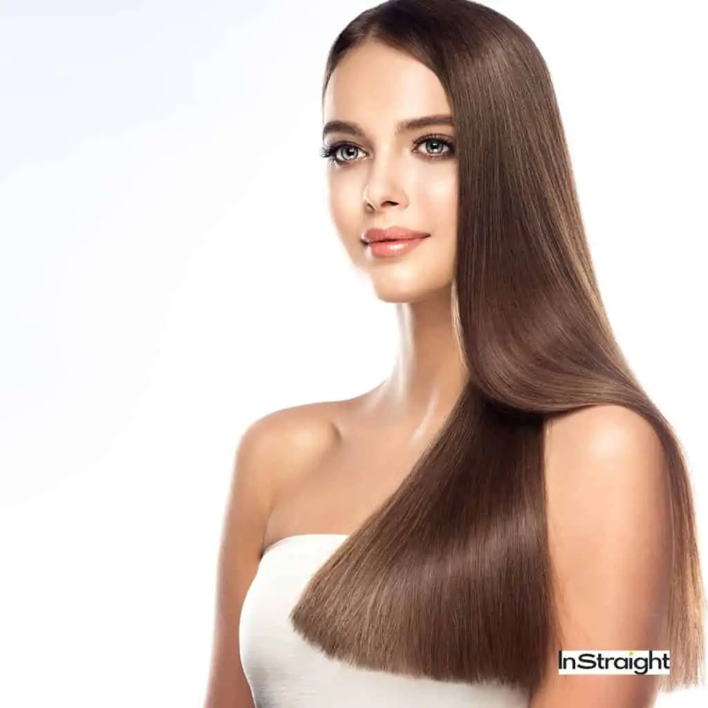 lady with perfect glossy straight hair under title How To Get Body After a Keratin Treatment