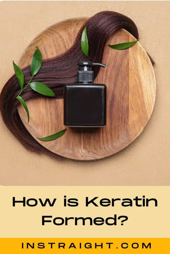 hair,bottle and leaves on a wooden bootle under title How Keratin Is Made
