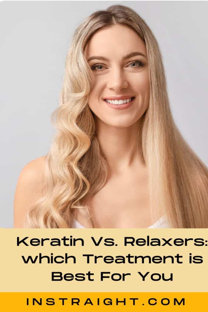 A lady with straight and blonde hair under title Keratin vs. Relaxer