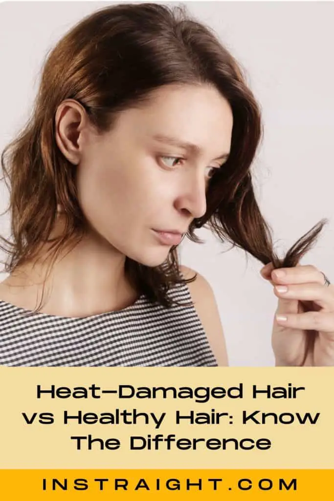 women checking whether heat-damaged hair vs healthy hair she is